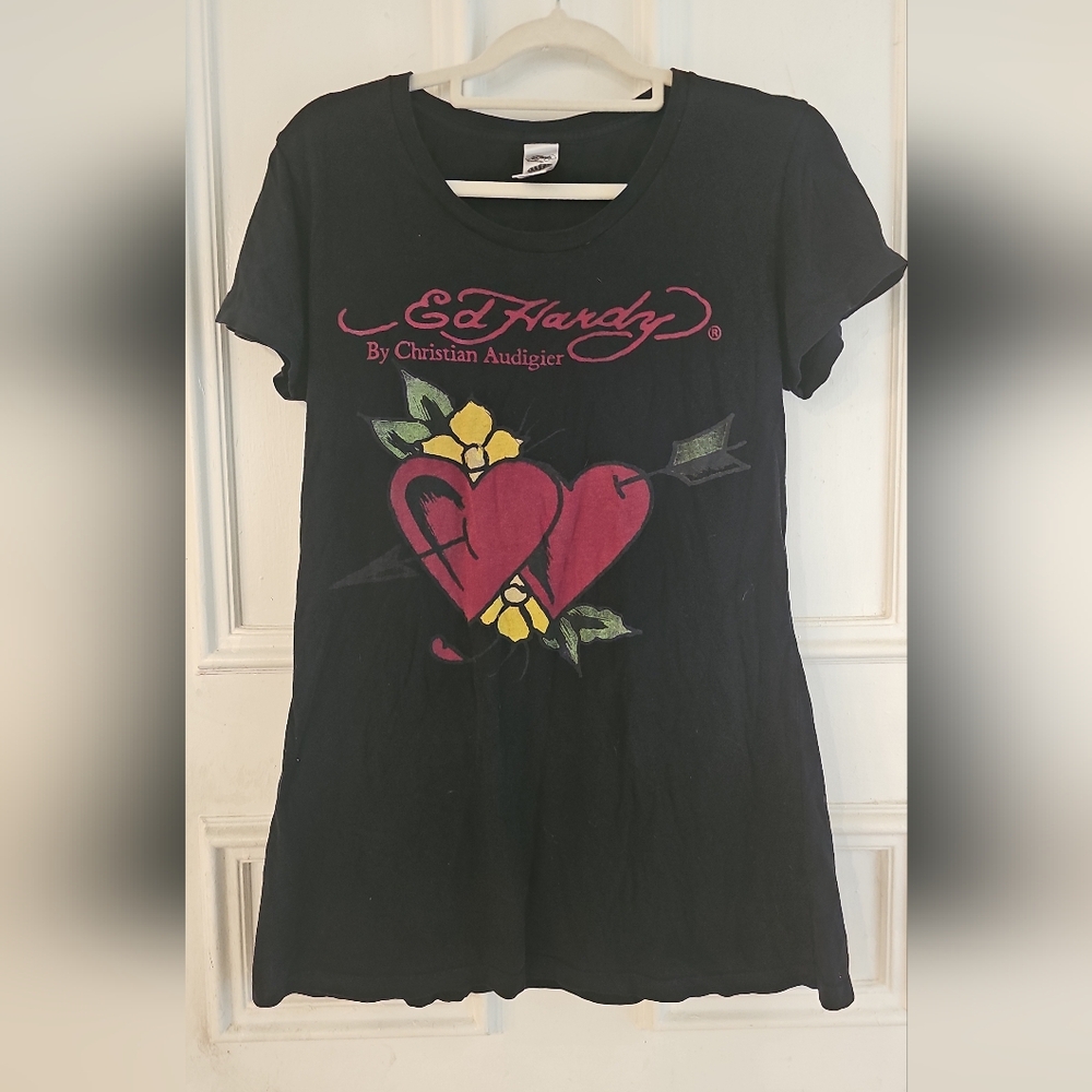 Vintage Ed Hardy Black Tee with Pink Hearts and Yellow Floral Accent